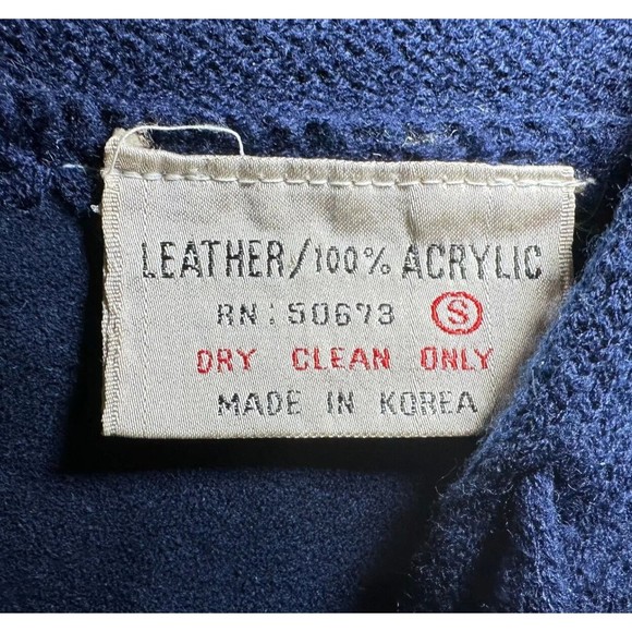 Vintage Women`s Small Leather Acrylic Indian Aztec Navy Blue Jacket w/ Hood - Picture 2 of 10